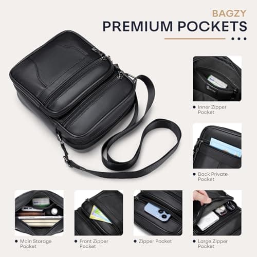 BAGZY Mens Genuine Cowhide Leather Shoulder Bag Ipad Case Bag Messenger Bag Crossbody Satchel Handbag Top-handle Travel Business bag for Kindle Tablet Wallet Purse Mobile Phones Black — view 5