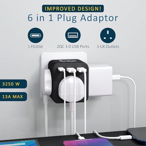 Unidapt Plug Extension Socket, 3 Fast USB Charge Ports, Black — view 2