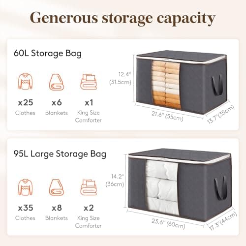 Lifewit Clothes Storage Bags, Foldable Storage Box Moving Bags Wardrobe Storage Organiser Packing Boxes for Moving House with Clear Window for Clothing Bedding Blankets, Grey, 95L, 6 Pack — view 3