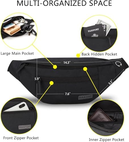 MAXTOP Large Bumbag Waist Fanny Pack Running Belt for Men Women Unisex Bum Bag with Headphone Jack and 4-Zipper Pockets Adjustable Belt for Travel Running Jogging Workout Hiking Gifts Black — view 3