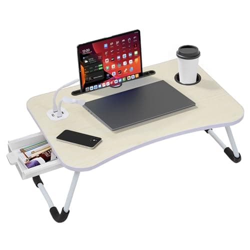 Foldable Laptop Table with USB Ports, Drawer, Cup Holder&Tablet Slot, Beige