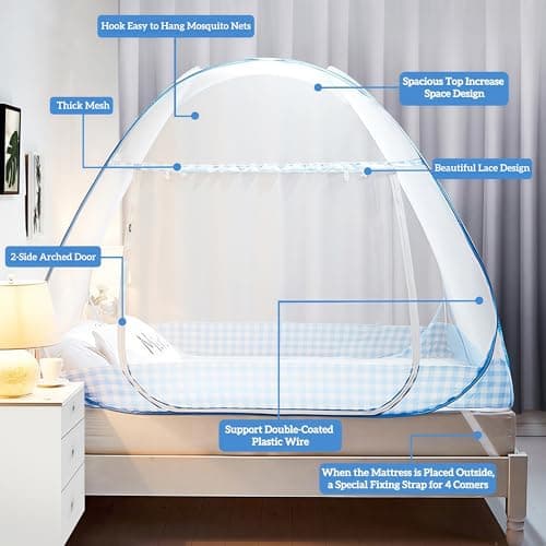 Digead Mosquito Net, 100x200cm Bed Canopy, Portable Travel Mosquito Nets, Foldable Single Door Mosquito Camping Curtain-Blue Edge — view 2