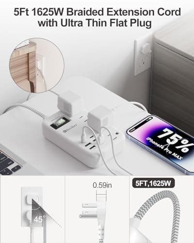 6 USB(2 USB C) Surge Protector Power Strip- 5Ft Travel Power Strip with 4.8A USB Charging Station and 4 Outlets, 13A Ultra Thin Flat Plug Braided Extension Cord with Wall Mount for Travel Office Dorm — view 4