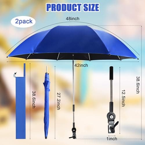 ConBlom 2 PACK Chair Umbrella with Universal Clamp, 360 ° Adjustable UPF50+ Umbrella for Stroller, Patio Chair, Wheelchair, Camping Chair, Golf Carts (Blue) — view 2