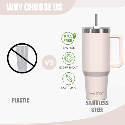 WATERSY Travel Mug Coffee Cup 40oz Tumbler Straw Lid and Handle, Stainless Steel Double Wall Vacuum Insulated Coffee Water Bottle Thermal for Cold Hot Coffee 1182ml Ivory Beige — view 4
