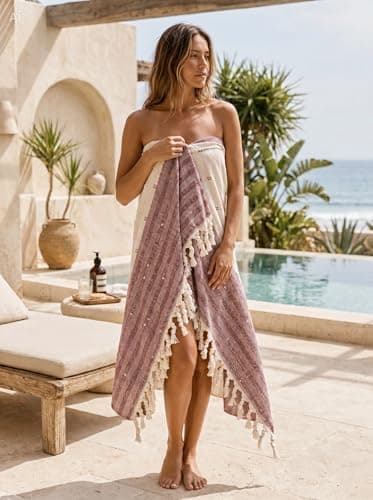 WEFLORIA Turkish Peshtemal Towel – 100% Cotton, Lightweight & Quick Dry Beach & Bath Towel, Large Hammam Towel with Tassels, Gift Box Packaging (Sage Green/Red & Cream) (Red&Beige)