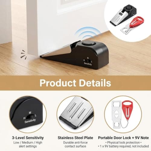 2-Pack Travel Security Kit, Door Lock Without Drilling + Door Alarm, Adjustable Safety Bar Door Jammer for Hotel Door Travel Safety, Patio Door Security for Home & Apartment, Portable — view 3