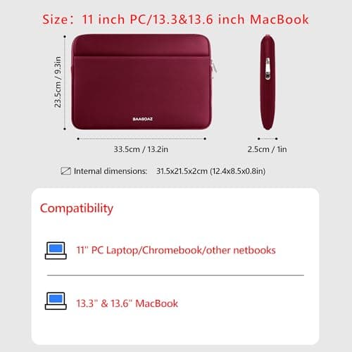 BAAGOAZ Laptop Sleeve 11-13 Inch MacBook Case Bag with Front Pocket, Red — view 6