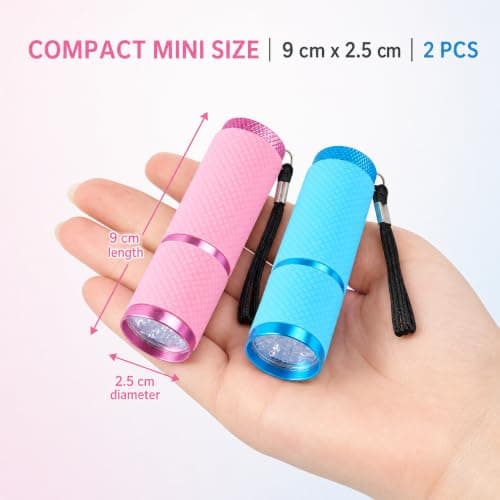 Voskilon 2 Pack Mini Torch Small Torch 9 LED Battery Powered, Glow in Dark Kids Torch with Lanyard, Compact Pocket Torch for Camping Hiking Walking Emergency Use, Aluminium Alloy Blue Pink — view 2