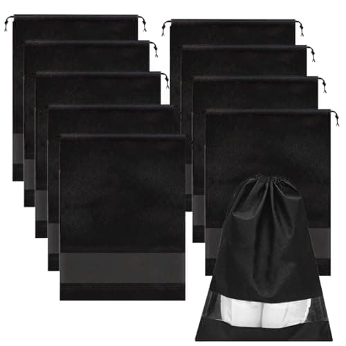 Travel Shoe Bags Set of 10 – Waterproof Drawstring Shoe Bags for Men & Women – Durable & Lightweight Shoe Storage Organiser for Travel, Black, Large 33x44cm