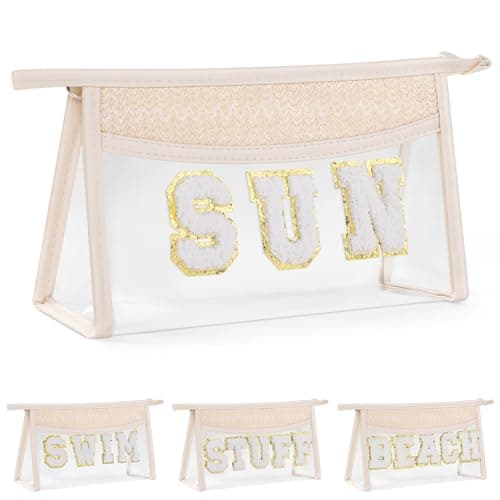 Etercycle Boho Patch Makeup Bag, Clear PVC Travel Toiletry Bag Waterproof Beach Bags for Women, Small Chenille Letter Bag with Zipper for Beach Travel Essentials (Sun)