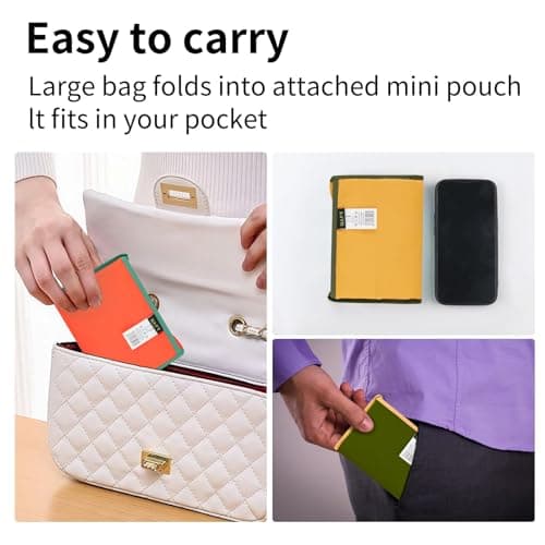 Nexlynk 3Pcs Foldable Reusable Shopping Bags 42x53 cm, Large Waterproof Tote Drawstring Shopper Washable Nylon Grocery Bags for Travel Beach Daily Use Women Mom (Orange Green Yellow) — view 6