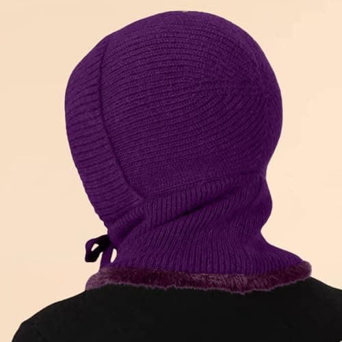 Knitted Balaclava Women Winter Warm Knitted Caps for Women with Neck Warmer Fleece Lined Woolly Pom Pom Beanie Hat Adjustable Windproof Balaclava Hooded Hats for Outdoor Sports Travel Skiing Purple — view 4