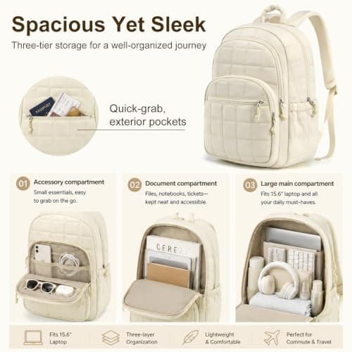 ZERVANE Backpack Womens Travel School Bags, Waterproof Lightweight 15.6" Laptop Bag for Business Work School Homework, College Daypack for Boys Girls Students Beige Packs (beige) — view 4