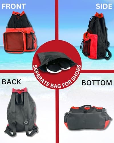 JIMJOOS Drawstring Mesh Swimming Bag - 25L Waterproof Swim Bag with Wet/Dry Compartment, Multifunctional Sports Backpack for Kids, Adults, Swimming, Surfing, Beach, Gym (RED) — view 6