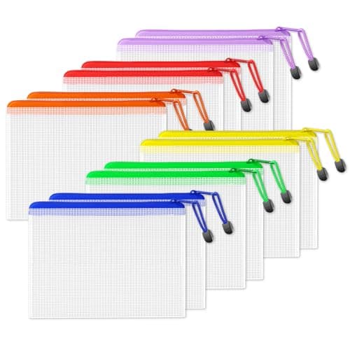 SUNEE Plastic Wallets A5, 12 Pack Mesh Zip Lock Document Wallets & File Bags, Waterproof Plastic Folders A5 for School, Office, Home and Travel Storage - 6 Colours