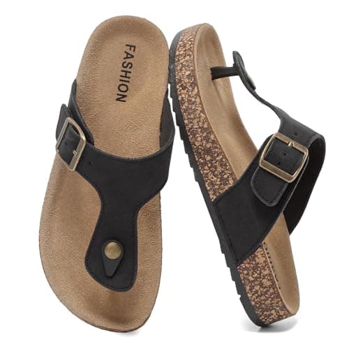 Foinledr Cork Footbed Sandals for Women & Men, Adjustable Buckle Flip Flops