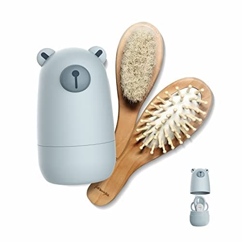 6-in-1 Baby Grooming Set, Natural Wooden Hairbrush and Comb, Nail Clippers,Nail Scissors, Nail File and Tweezers for Kids and Newborns in Nice Gift Box (blue b)