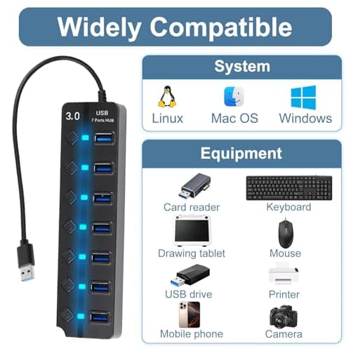 7-Port USB 3.0 Hub Multiport Splitter with Individual Switches and Lights — view 4