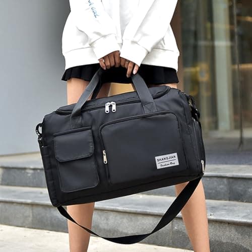 Sports Gym Bag Foldable Overnight Weekend Bags Womens Mens Duffel Bag with Shoes Compartment Water Resistant Holdall with Wet and Dry Separation Bag for Sports and Travel (Black) — view 5