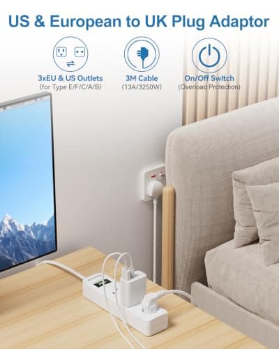 US to UK Plug Adapter, 3 Outlets for American/EU Electronic Devices — view 2