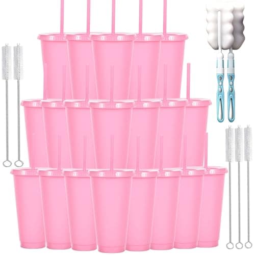 Yisituo 710ml Reusable Plastic Cups, 20 Pack Cold Cups with Lid and Straw, Tumblers Travel Mugs for Adults and Madam Party and Beach, Pool Gatherings (20, Pink)