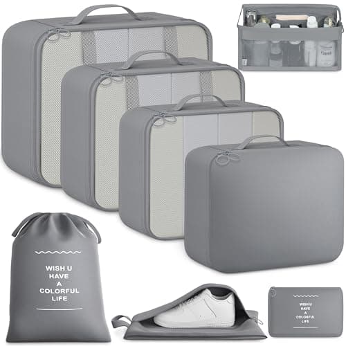 BAGAIL 8-Piece Packing Cubes Set, Travel Organizers with Breathable Mesh & Shoe Bag, Lightweight Nylon Packing Organisers for Luggage Suitcase, 9 Colors - Grey