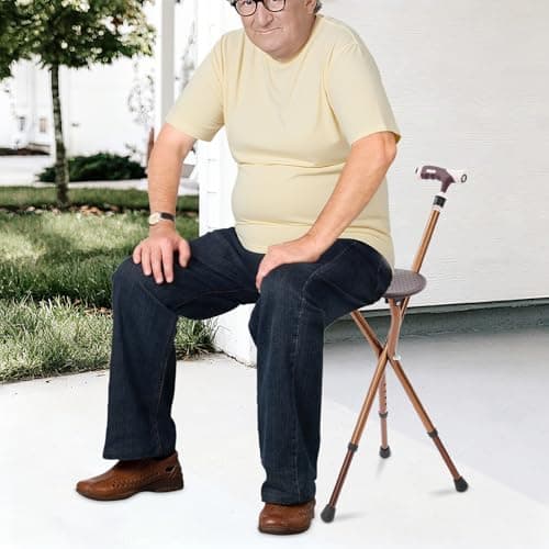 Walking Stick with Seat, Portable Folding Walking Cane with LED Light, Non-slip Rubber Base, 5 Gears Adjustable Height, Max. 330 lbs, 3 Legged Shooting Stick for Seniors Travel Hiking — view 3