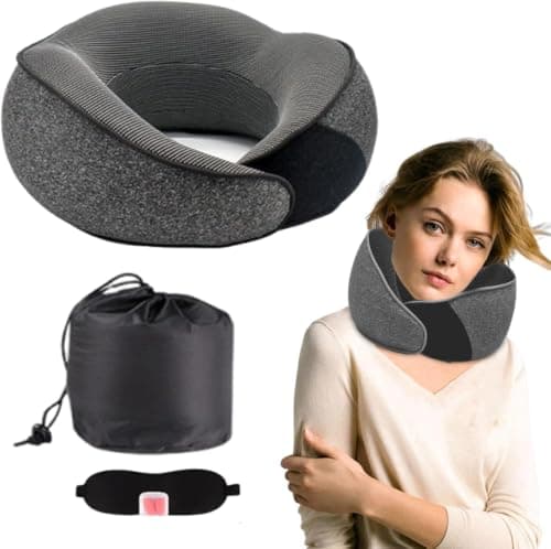 Memory Foam Travel Neck Pillow, 360° Ergonomic Neck & Chin Support Pillow with Adjustable Fastening, Compact Travel Pillow Set with Eye Mask, Earplugs and Storage Bag for Flights, Car and Office — view 6