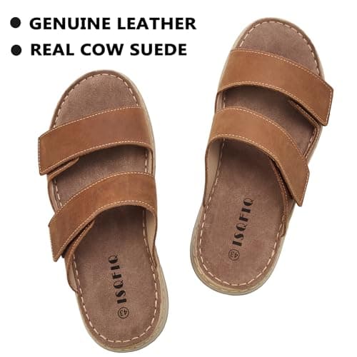 ISQFIQ Wide Fit Mens Sliders Sandals, Real Leather Walking Sandal with Adjustable Strap, Open Toe Indoor Outdoor Mules Shoes for Summer Casual Travel Hiking Beach Trekking Fisherman Light Brown UK 7 — view 4