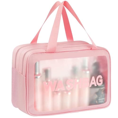 Aucuu Clear Toiletry Bag, Waterproof Makeup Bag with Handles, Wet Dry Separation Clear PU Makeup Bags, Large Capacity Travel Toiletries Case, Portable Wash Bags, Cosmetic B-ag for Travel Bathroom