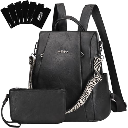 Eshow Womens Backpack Anti Theft Waterproof, Ladies Rucksack Vegan Leather Fashion, Daypack Convertible Small Makeup bag With RFID, Handbag Shoulder For Travel School Work Glossy Black