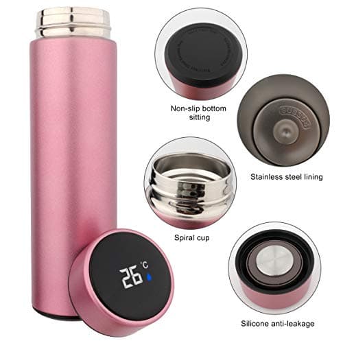 QiCheng&LYS 500ML Travel Mug with Temperature Display 304 Stainless Steel, Double Walled Vacuum Insulation Cup for Heat and Cold Water(Pink) — view 4
