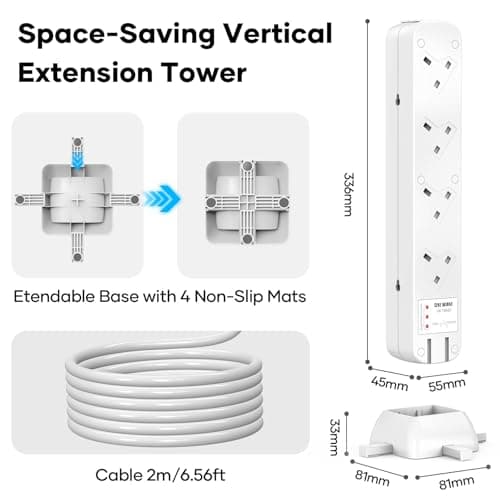 Tower Extension Lead 2m, 8 Way Socket Surge Protector with USC Ports Power Strip Multi Plug 3120W Safety Shutter for TV PC Laptops Tablets — view 3