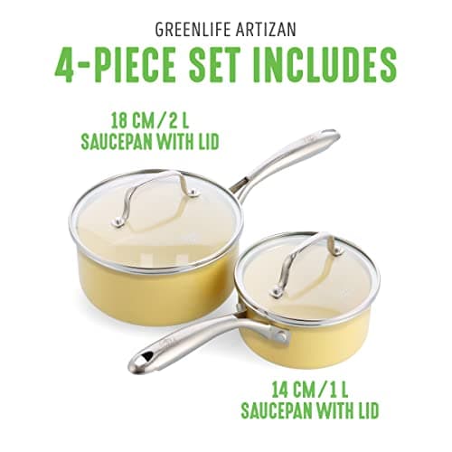GreenLife Artizan Healthy Ceramic Non-Stick 14cm/1l and 18 cm/2l Saucepan Pot Set with Lids, Stainless Steel Handle, Induction, PFAS-Free, Oven Safe, Yellow — view 5