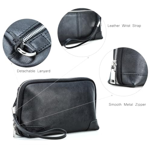 Electronic Organizer Zipper Bag Tech Pouch, Top Grain Leather Handmade, Portable Compact Travel Storage Cases Fits Apple Accessories, Phone, USB Cables, Power Banks, Chargers, Hard Drive, Black — view 6