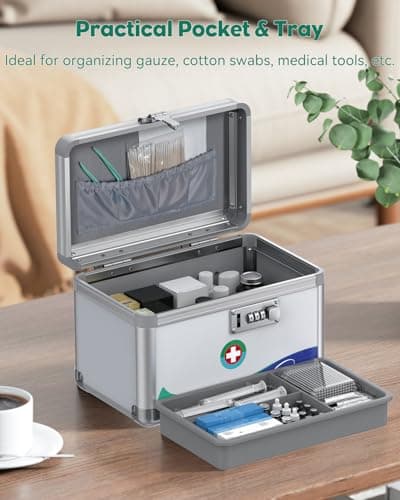 Uniclife Medicine Lock Box First Aid Box with Combination Lock & Handle Portable Medication Boxes Metal Lockable Medicine Storage Boxes, 25.4 x 15.2 x 16.5 cm — view 3