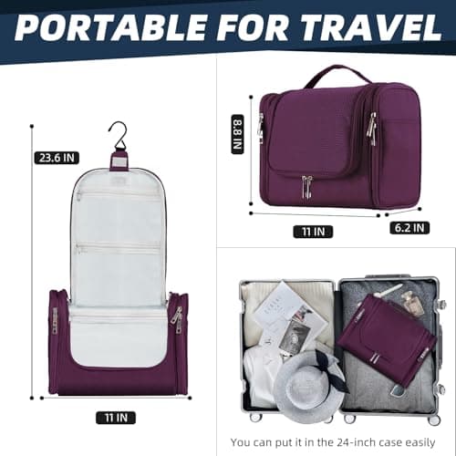 Buruis Large Capacity Toiletry Bag for Women and Men, Hanging Toiletry Organizer Cosmetics Makeup Bag, Water-Resistant Dopp Kit Shaving Bags for Full Sized Toiletries, Travel Essentials (Purple) — view 3