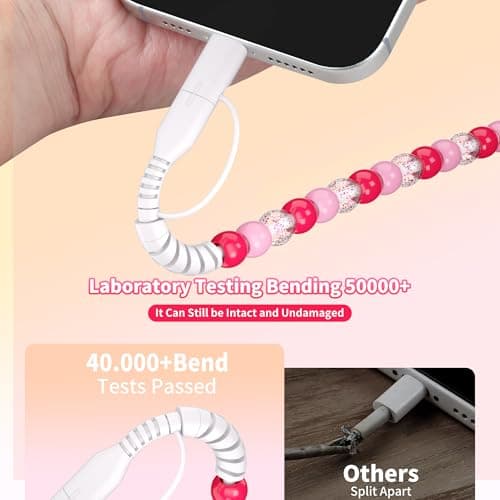 SEUMOO USB C Multi Charger Cable 1M 4 in1 USB A to USB C Charging Cable 66W Type C Fast Charging Cable Cute Beaded USB Phone Charger for Girls Women for iPhone 17 Air 16 15 Plus 14 Pro Max, Pink — view 2