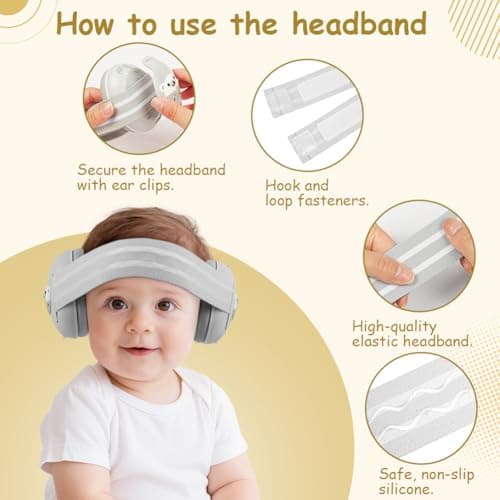Adiwo 2-in-1 Baby Ear Defender, Non-Slip Baby Headphones, Noise Canceling Headphone & Headband for Babies, Ultra-Soft and Adjustable to 0-48 Months, Hearing Protection for Sleep Travel, Gray — view 5