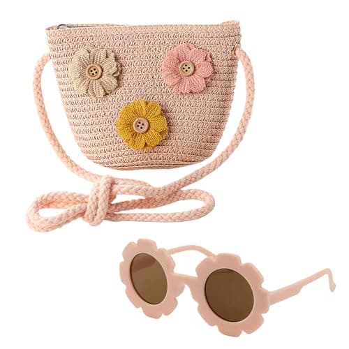 AWAVM Girls Crossbody Bag Set - Cute Toddler Handbag With Flower Sunglasses, Adjustable Braided Purse For Childen(Pink/Beige, 12x14cm) (Pink 3flower)