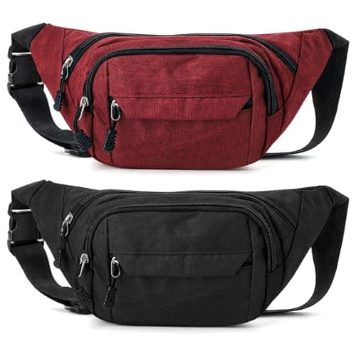 Meng Jiaran 2 Pack Bum Bag Bumbag for Men Women,Waterproof Waist Fanny Pack for Ladies, 4 Zip Pockets Adjustable Belt Cross Body Bumbags for Sport Running Walking Travel Cycling, Black, Red