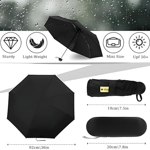 Shunshi Folding Travel Umbrella, 6 Ribs Folding Sun Anti-UV Windproof Rain Umbrella,Fast Dry,Portable Pocket Lightweight Small Compact Umbrella with Capsule Case for Men Women Teens (Black) — view 2