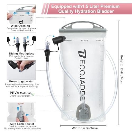BECOJADDE Running Vest Hydration Backpack Lightweight 5L Water Pack with One 1.5L Water Bag for Men Women, Running Backpack Hydration for Marathon, Trail, Cycling, Hiking, Jogging, Pink — view 5