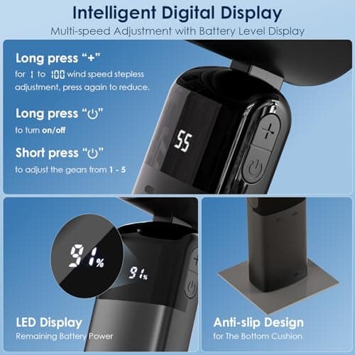 Handheld Fan Portable, 100 Speed Small Hand held Fans Rechargeable, UP to 18 Hrs Powerful Turbo Fan, Battery Operated Electric Mini Personal Desk & Neck Fan, Travel Essentials, Holiday Gifts Black — view 5