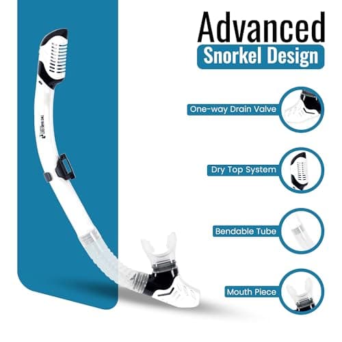 Two Bare Feet Adults Snorkel and Mask Set – Dry Top Silicone Snorkel, Anti-Fog Tempered Glass Dive Mask – Leak-Proof, Adjustable Fit for Swimming, Snorkelling & Diving Holidays (M2006S+S11S (White)) — view 4