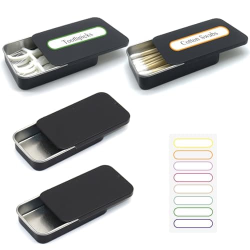 SwirlColor Cotton Swab Holder for Travel, 4 Pcs Portable Small Cotton Bud Holder Empty Metal Box Containers with Slide Top for Cotton Ball Toothpicks Hair Ties -Black