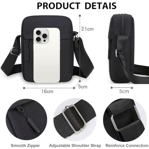 Veyarien Men's Vertical Phone Crossbody Bag, Waterproof Oxford Tall Sling Pouch with Card Slots & 2 Zip Compartments, Adjustable Strap, Lightweight for Daily Commute (Black) — view 6