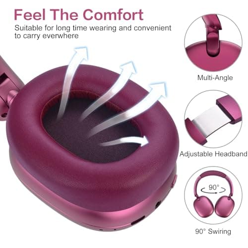RORSOU C6 Active Noise Cancelling Headphones, Wireless Over Ear Bluetooth Headphones, 60H Playtime, Lightweight Folding Deep Bass Comfort Fit Ear Cups Headset with Mic for iPad/Travel/PC/Home Red — view 4