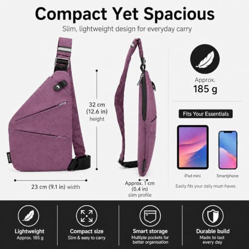 CSKKYO Crossbody Bag for Women Men, Anti Theft Sling Bag, Slim Water Resistant Travel Shoulder Bag with Hidden Pockets for Passport Phone Purse (Purple) — view 5